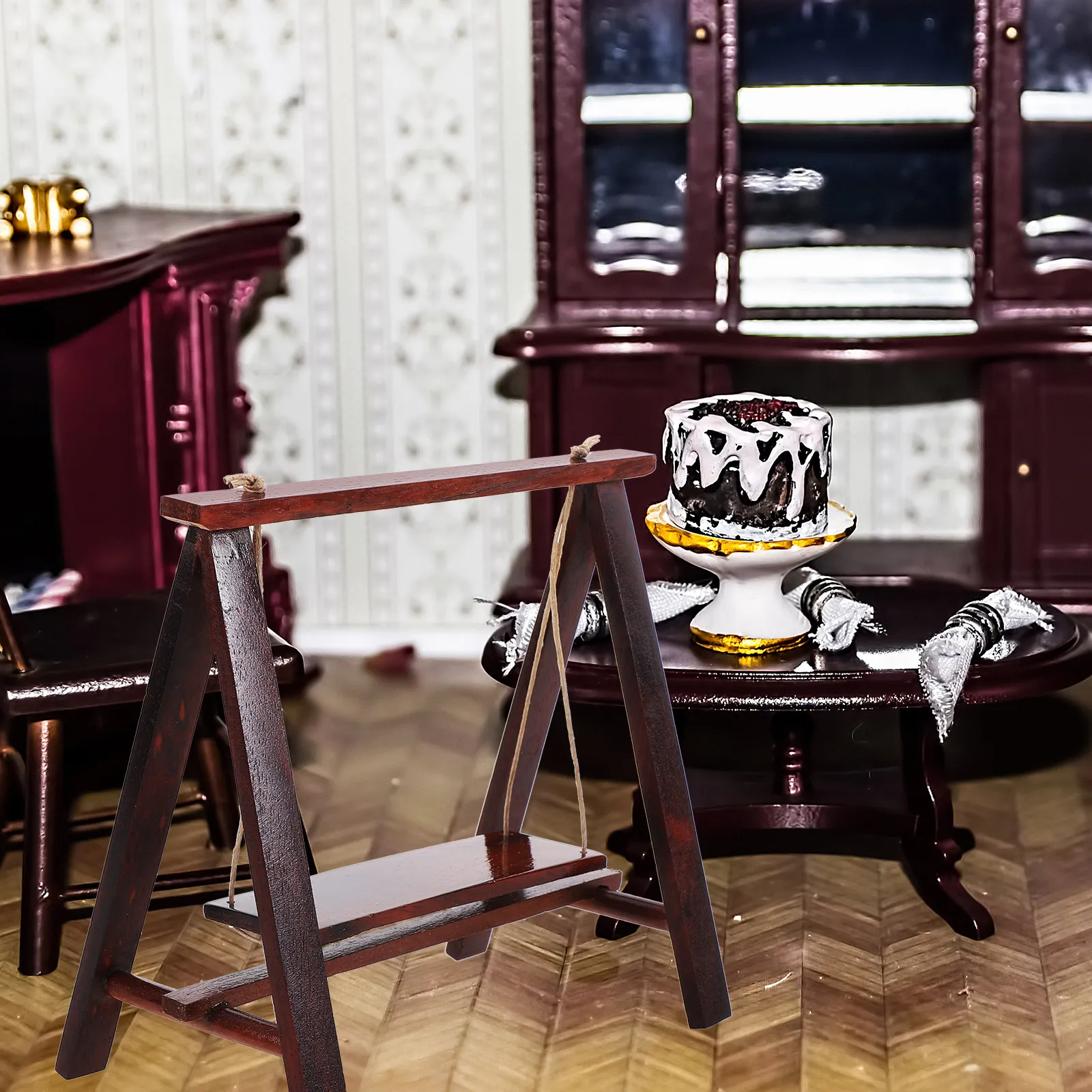 

Mini Garden Swing Wooden Exquisite Mini House Swing Decoration Hanging Furniture Accessory for Garden Scene and Home Decoration