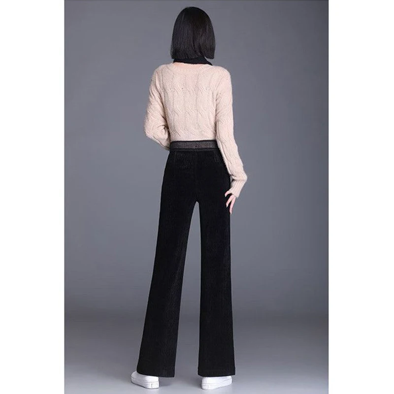 Plus Velvet Wide Leg Warm High Waist Women\'s Pants Vintage Loose Korean Fashion Solid Trousers Pocket Thicken 2023 Winter Pants