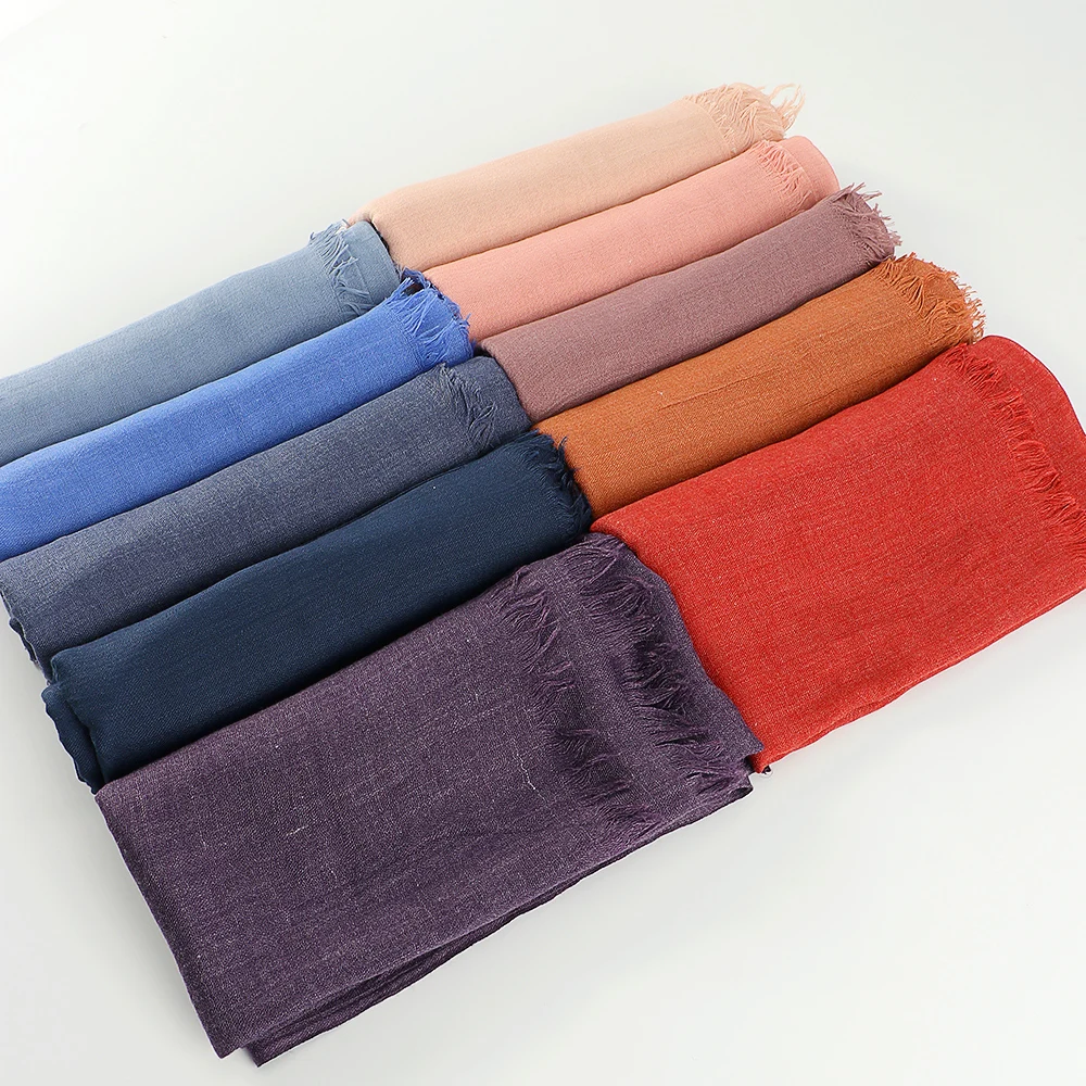 Solid Color Linen Cotton Hijabs for Women Plain Scarf Muslim Women Fringed Shawl Large Wraps Headband Eid Long Scarves Choice