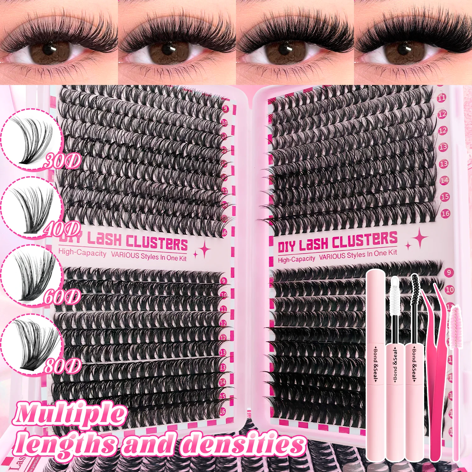 Kit de racimo de pestañas, 740/800 Uds., longitudes mixtas, extensiones de pestañas ultraligeras e impermeables, maquillaje Natural diario o aspecto Glam dramático