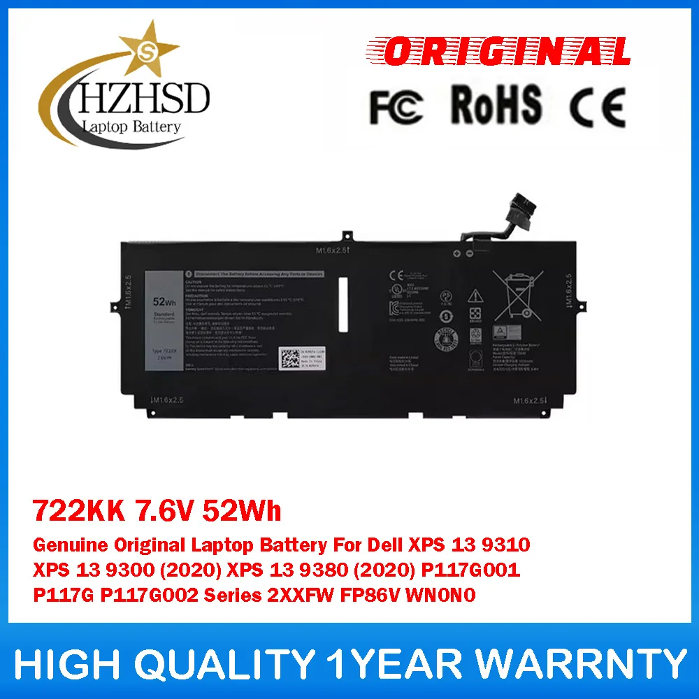 Batería original genuina para ordenador portátil Dell XPS 13 9310 XPS 13 9300 (2020) XPS 13 9380 (2020) P117G001 P117G P117G002, 722KK, 7,6 V, 52 Wh