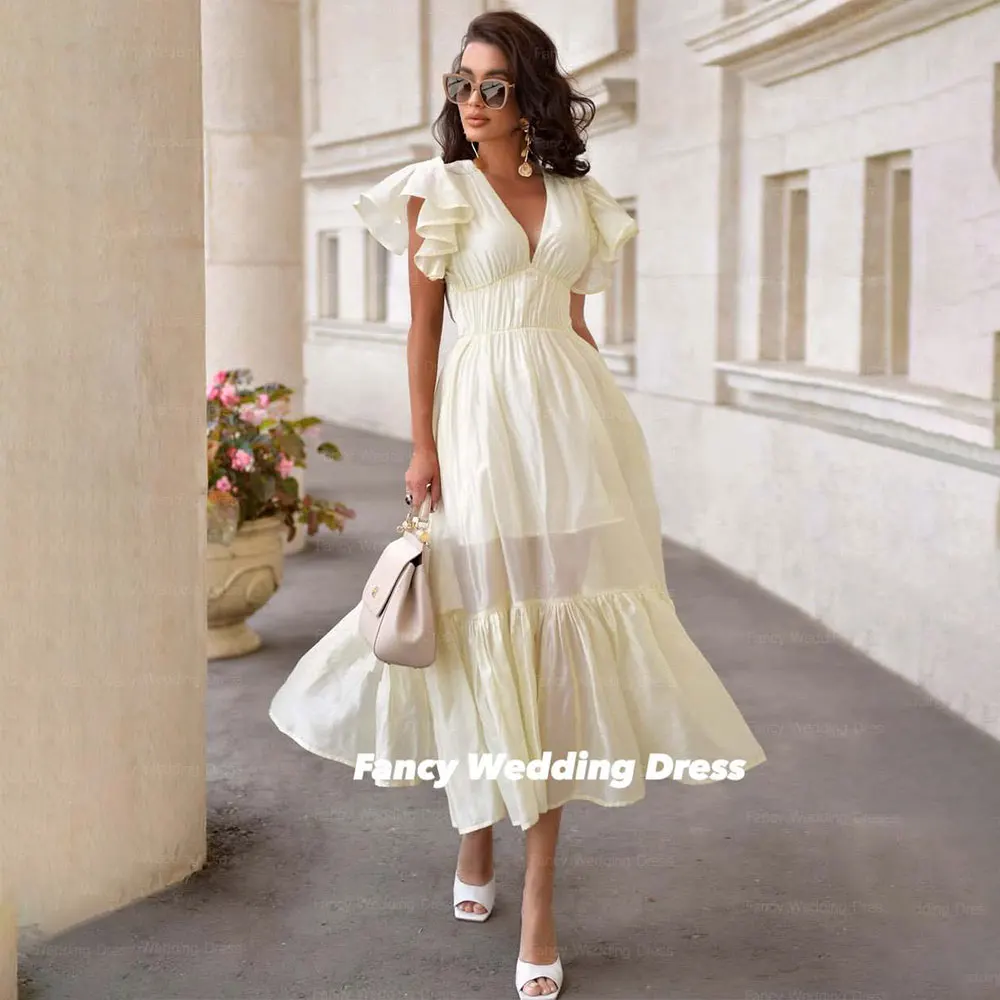 Elegancka Sukienka Wieczorowa z Dekoltem w Serek, Rozkloszowana, z Bufiastymi Rękawami, Suknia Balowa, Długość Do Herbaty, Sukienki na Formalne Okazje, Szyte na Miarę