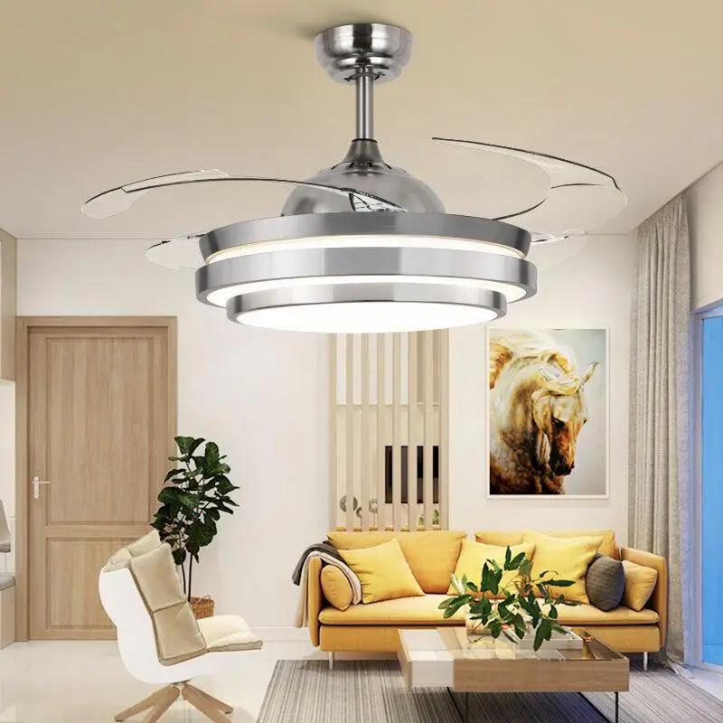 42Inch Modern Invisible Ceiling Fan Light 3 Colors Retractable Blades LED Chandelier Lamp with Remote Control