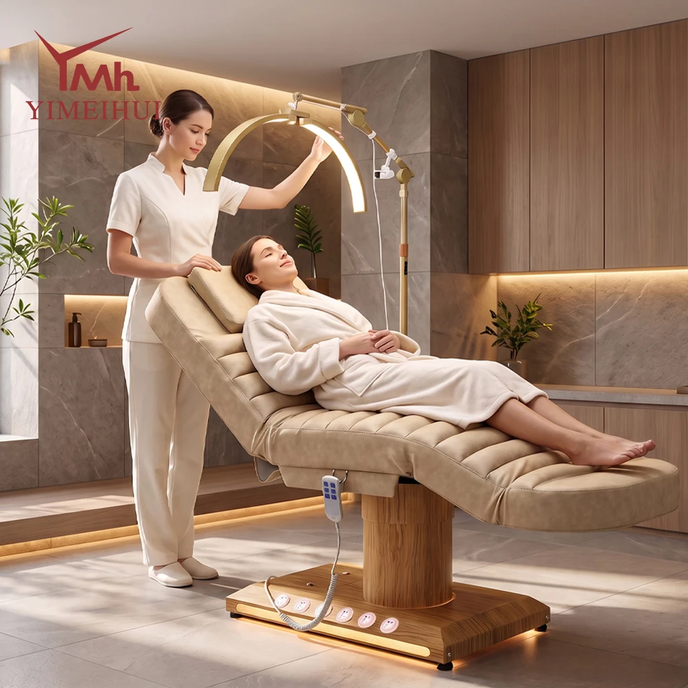 Three Motors Electric stretchers for beauty bed spa wood Grain Base tattoo chair Facial Lash Massage Bed