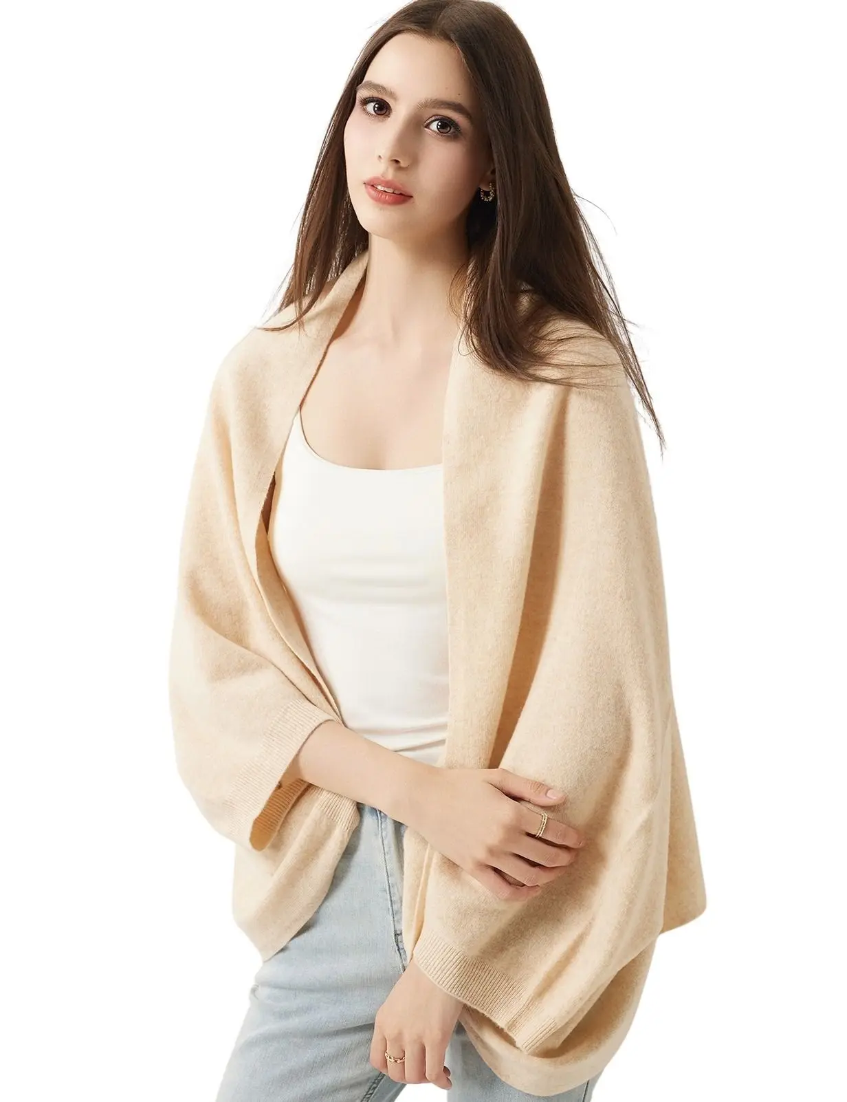 LONGMING 100% Merino Wool Knit Scarf Shawl with Sleeves for Women Soft Warm Wrap Shoulder Wrap Cover for Fall Winter Knit Cape