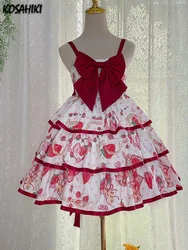 KOSAHIKI Sweet Lolita Style Dress Strawberry Print Japanese Soft Girly StrapJSK Dresses Cartoon Bow Sleeveless Ruffles Vestido