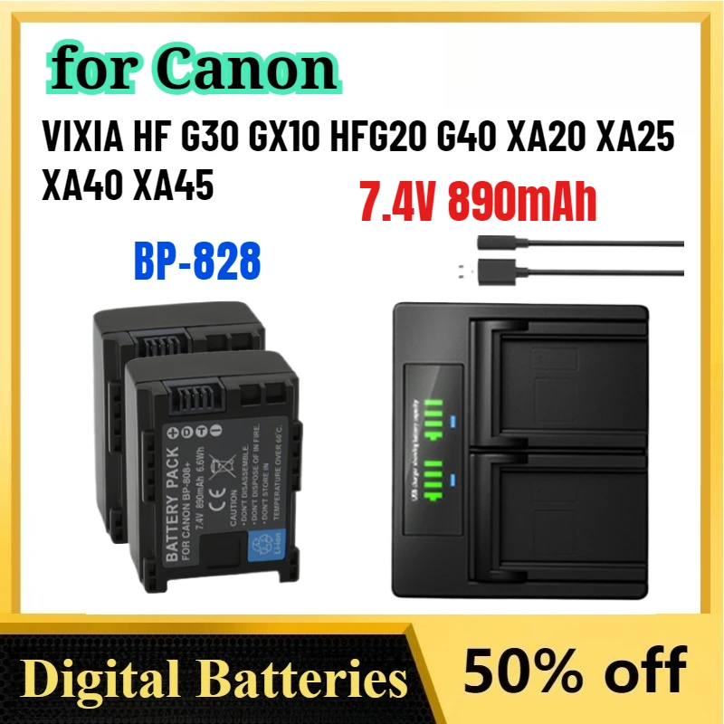 

New 7.4V 890mAh BP-828 BP808 Camera Battery for Canon VIXIA HF G30 GX10 HFG20 G40 XA20 XA25 XA40 XA45+USB Dual Channel Charger