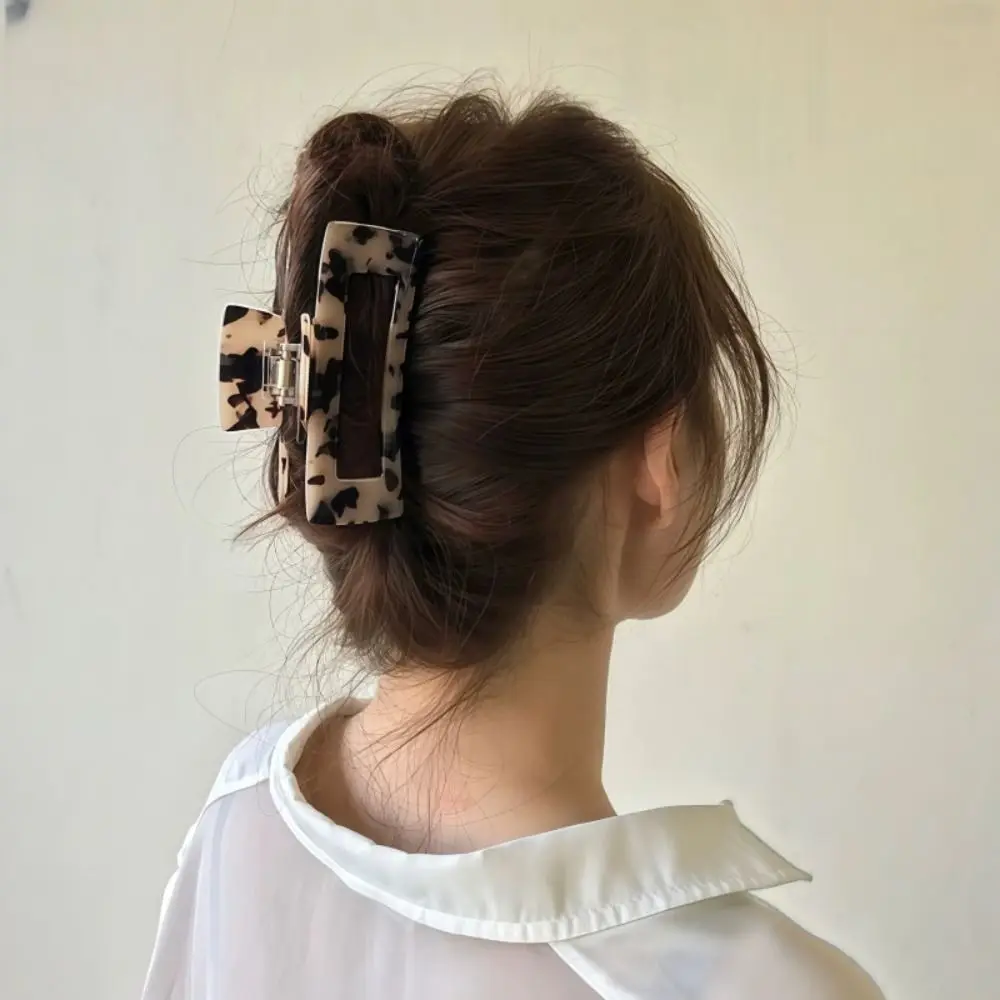 

French Style Rectangular Hollow Hair Claw Colorful Leopard Print Acetic Acid Hair Clip Geometry Korean Style Shark Clip Female