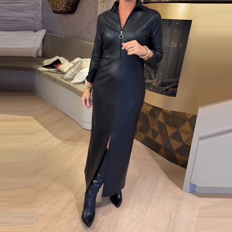 

Элегантное повседневное длинное платье из искусственной кожи с отложным воротником, молнией, облегающим силуэтом, длинными рукавами, однотонное, с разрезом и эластичной талией