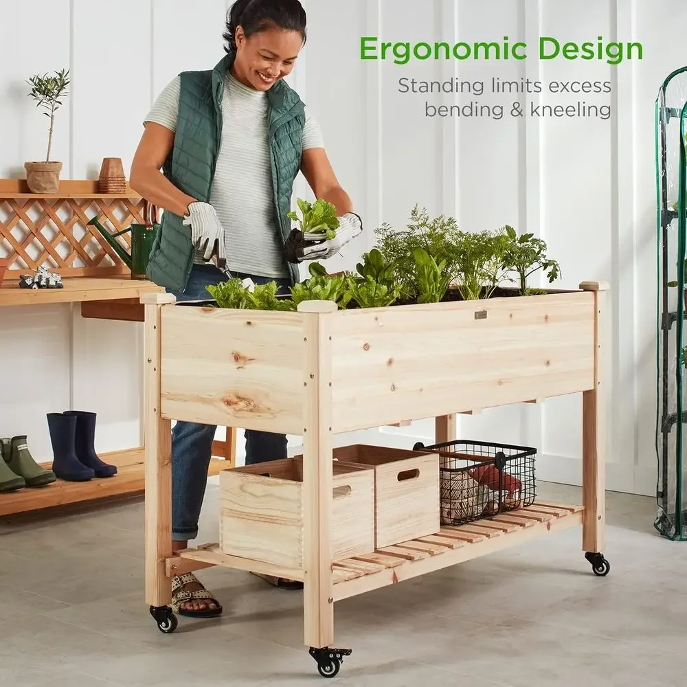 48x24x32-inch Portable Elevated Wooden Planter with Lockable Wheels, Storage Shelf, Protective Liner - Natural