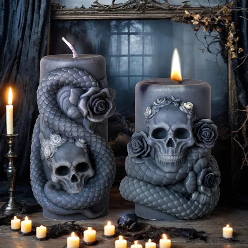 Skull Flower Snake Column Candle Silicone Mold Handicraft Geometric Cylindrical Aromatherapy Candle Gypsum Mould Halloween Decor