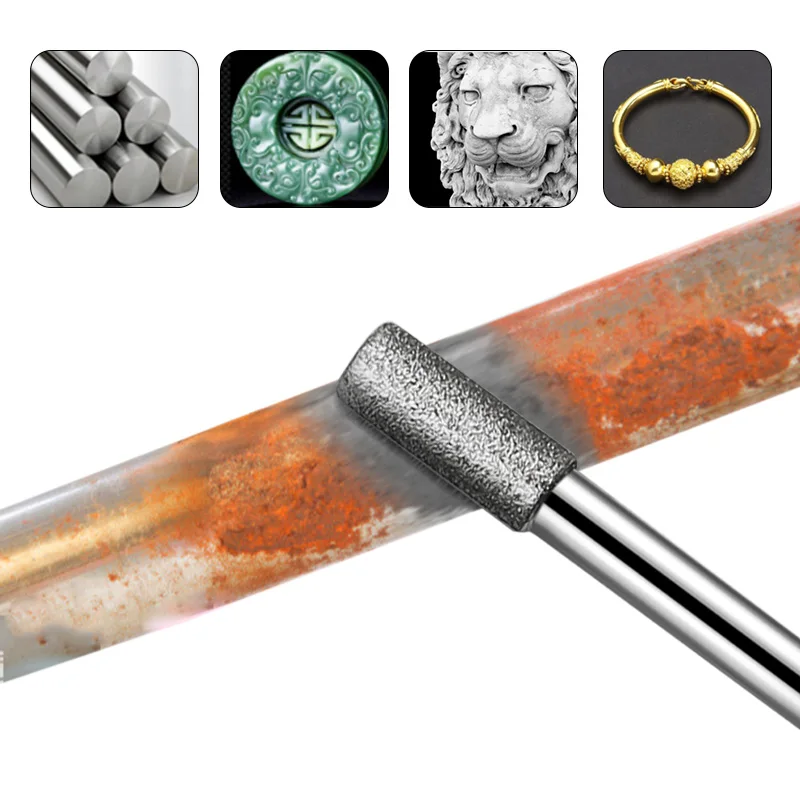 Cabezal de molienda de diamante de cilindro de vástago de 6MM, rebabas de tallado recubiertas de puntos cilíndricos, herramientas Lapidary, piedra de Jade y mármol