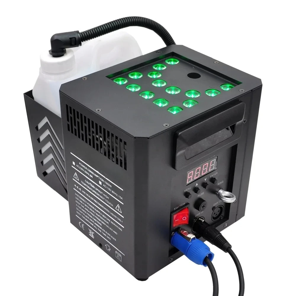 15 x 1W RGB Tri-Color Stage Multi-Angle Fog Machine, 1500W with Rapid Spray & Instant Stop, DMX & Remote Control