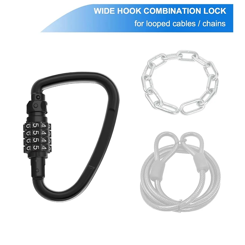 ABAC-1 PCS Combination Locks, 4-Digit Heavy Duty Carabiner Clips Black D-Shaped Code Lock For Looped Bike Security Cable Lock