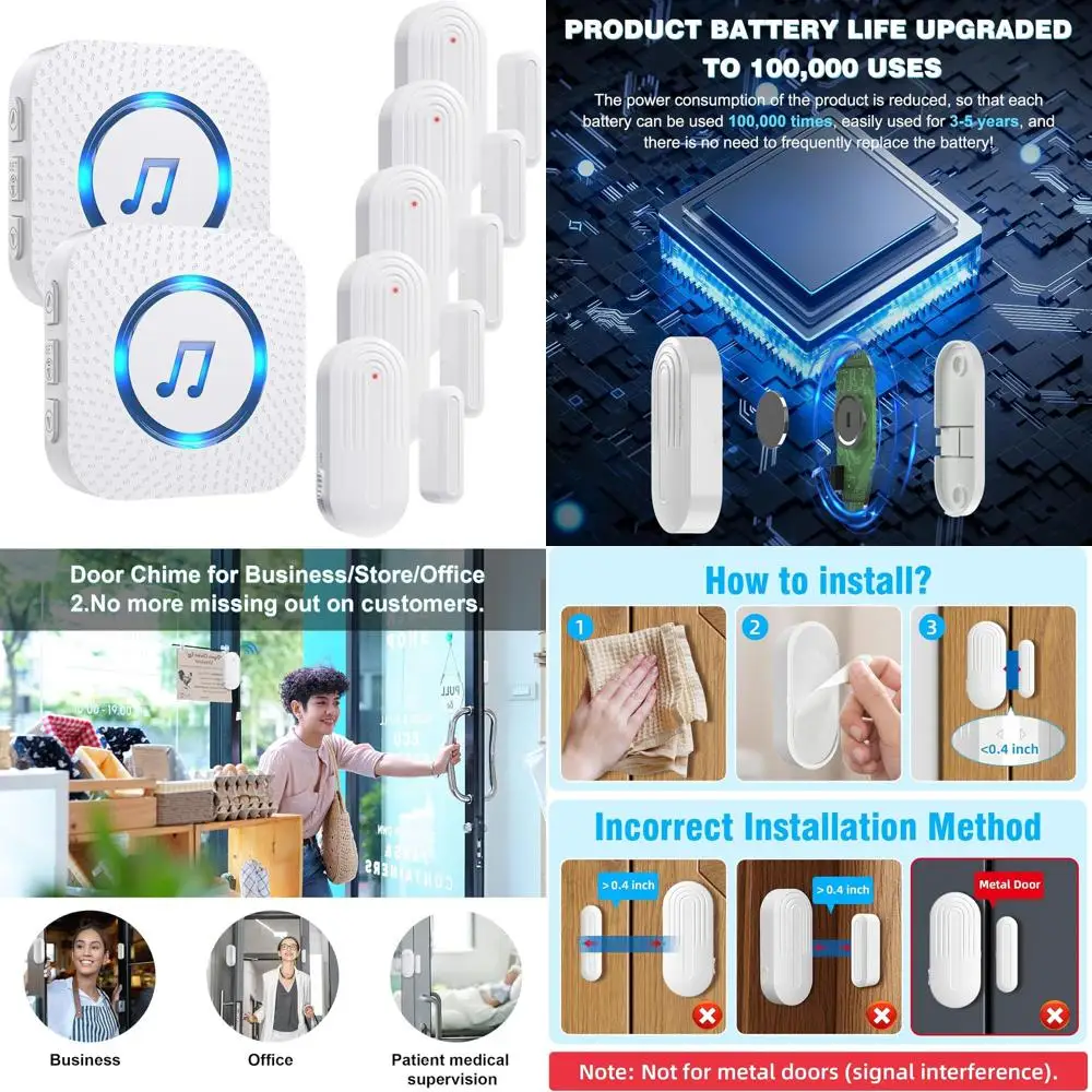 

Adjustable Volume Door Alarm with Chime, 5 Magnetic Sensors & 2 Receivers, 500ft Range