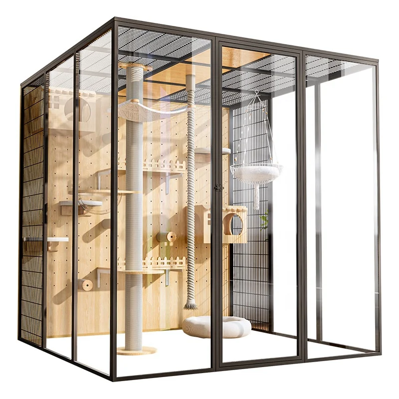 

Large Modern Wood Cat Cage Villa with Spacious Glass Balcony Luxurious Indoor Pet Room with House Cabinet Nest Style Cat House