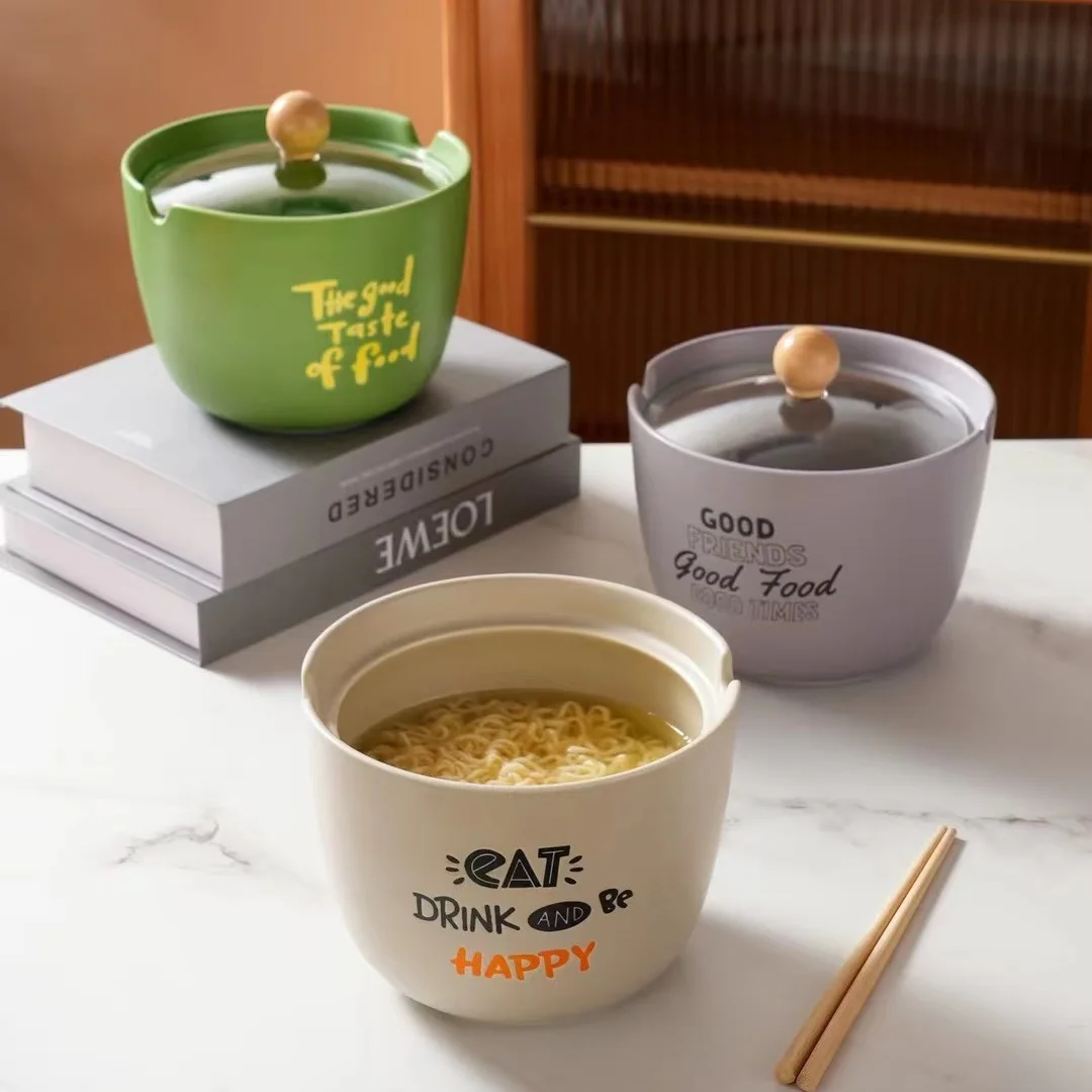 

Printed ceramic bowl with glass cover and instant noodles Simple rice bowl Large capacity student dormitory soup bowl gift