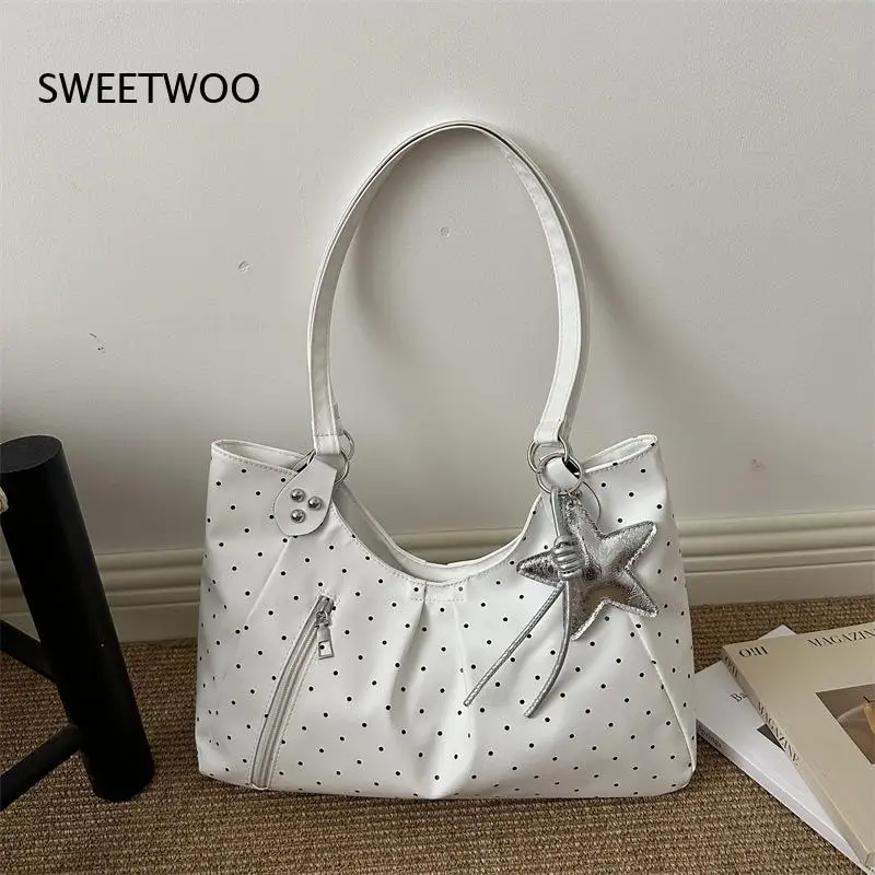 2026 Polka Dot PU-Leder Tragetasche mit abnehmbarem Sternanhänger, große Kapazität, koreanische Schul-Damentasche/Schultertasche
