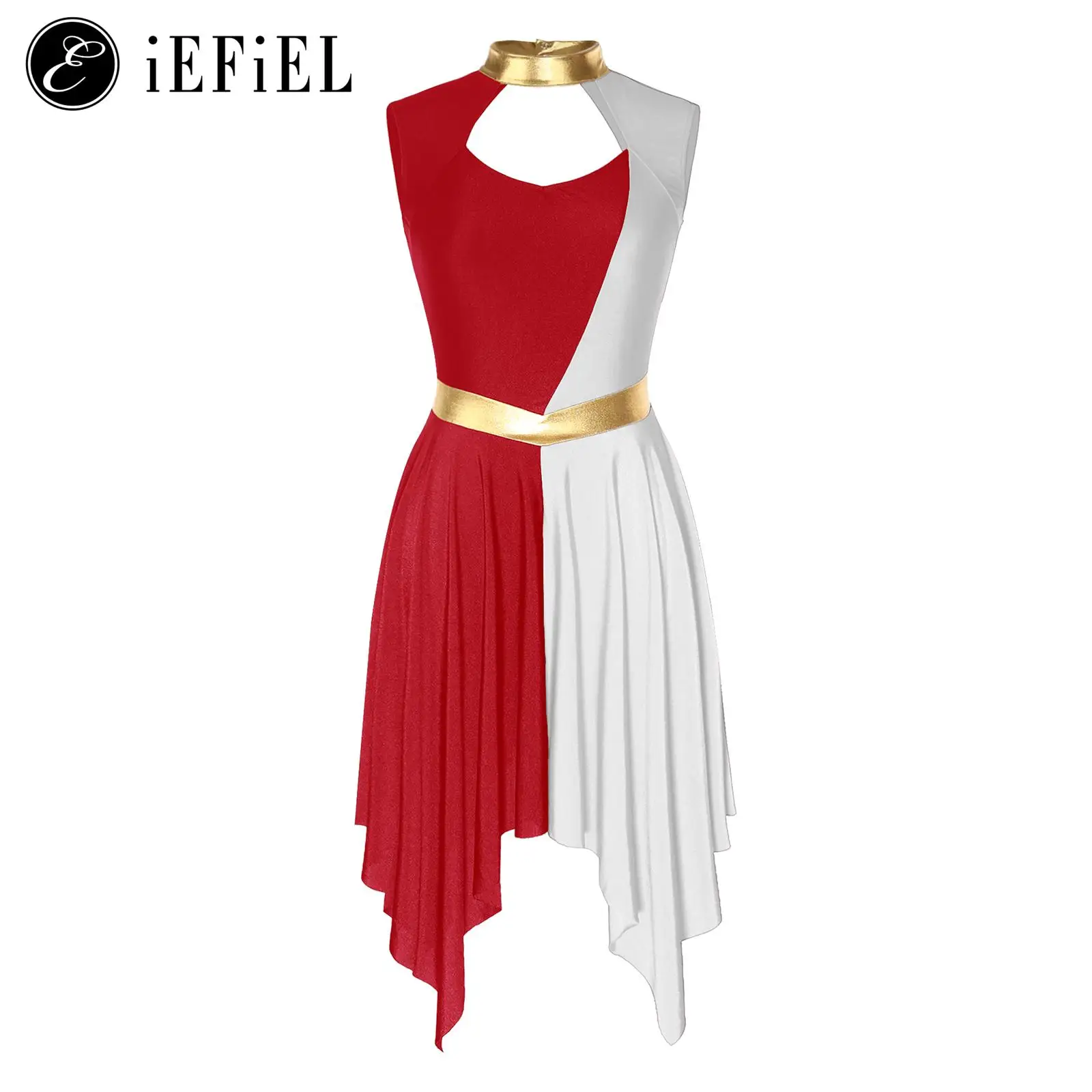 

Woman Metallic Sleeveless Mock Worship Dress Modern Lyrical Liturgical Praise Gown Color Block Ballroom Party Stage Costume