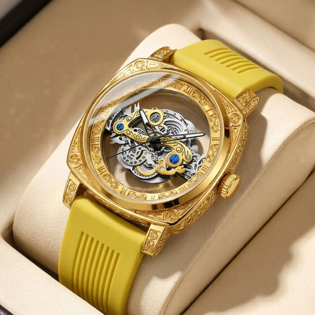 1 Stück Bestseller Hohle Mechanische Uhr mit Gelbem Silikonarmband, Stilvoll und Vielseitig für Männer und Frauen