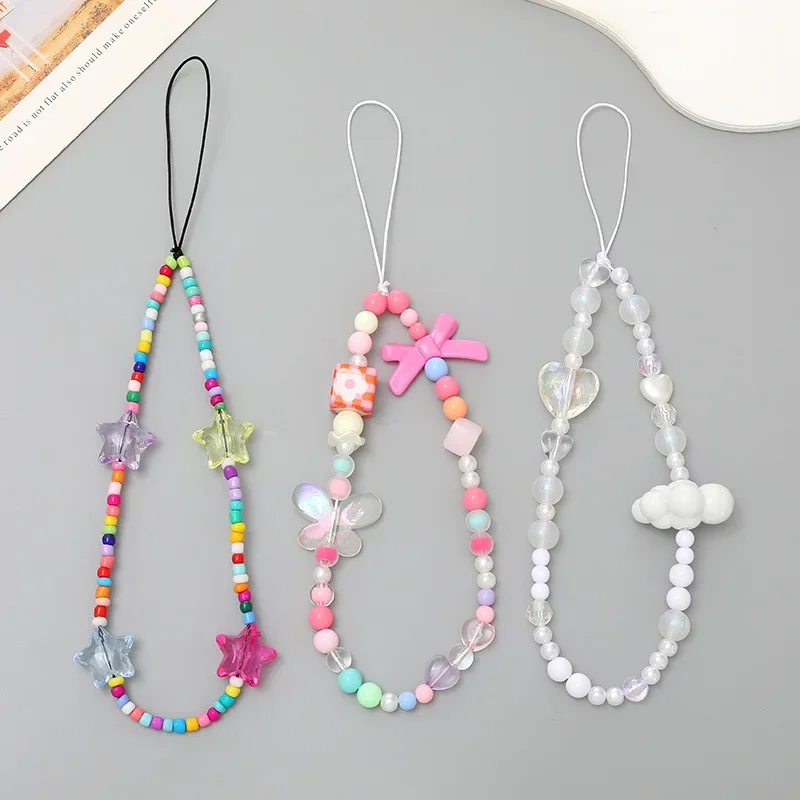 Candy Colored Bear Scallop Beaded Phone Lanyard Exquisite Bow Flower Fishtail Charm Phone Case Rope Jewelry for Women Party Gift