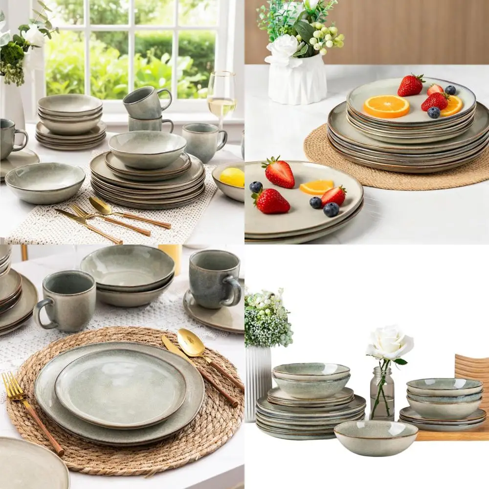 

Набор столовой посуды из камня с реактивной глазурью ручной работы, устойчивый к царапинам и безопасный для посудомоечной машины и микроволновой печи, услугу на 4 человека (12 шт.