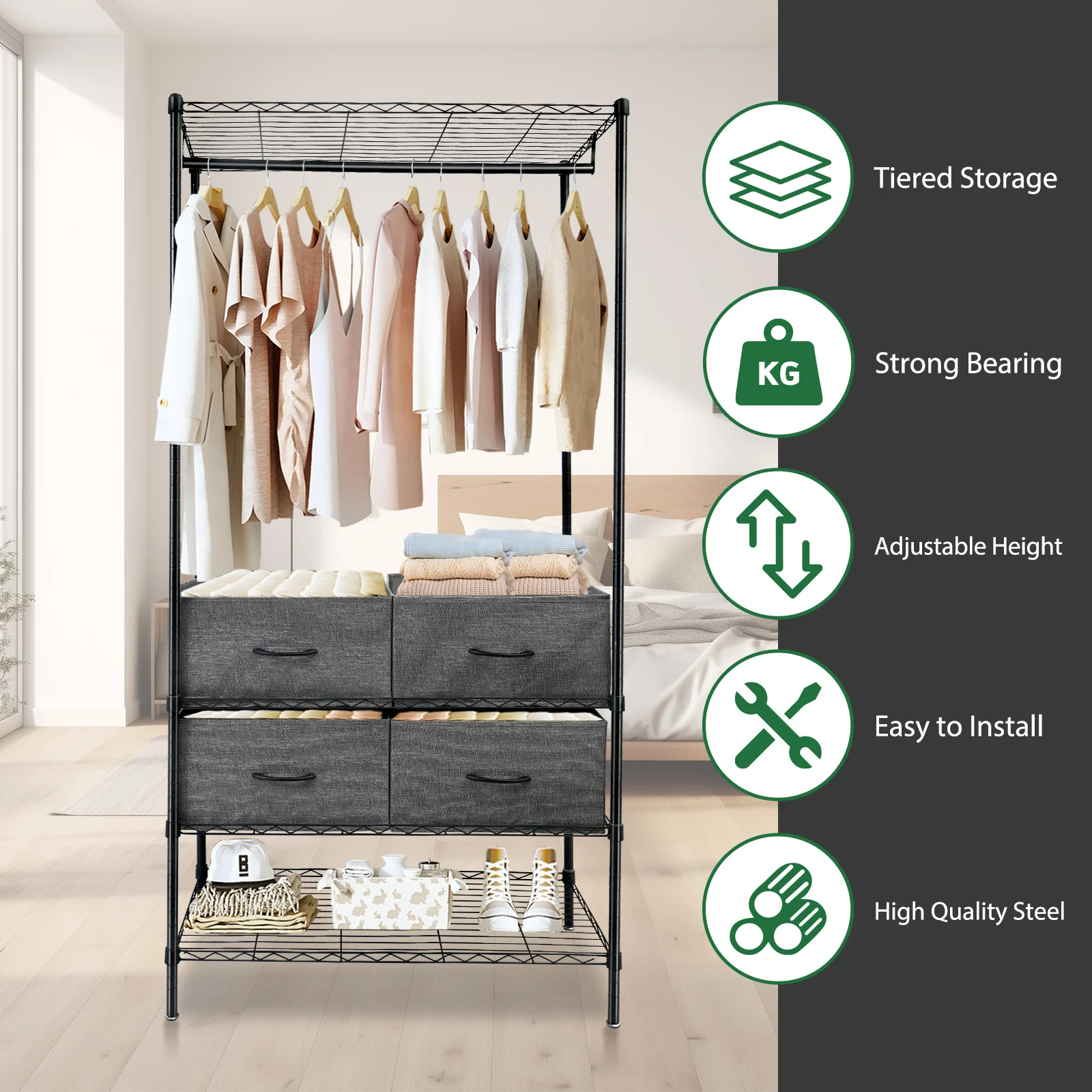 Portable Wardrobe Clothes Organizer Storage DIY Garment Rack 3 tier Adjustable Height 4 Drawers 90*43.5*180cm for Clothes  Shoes