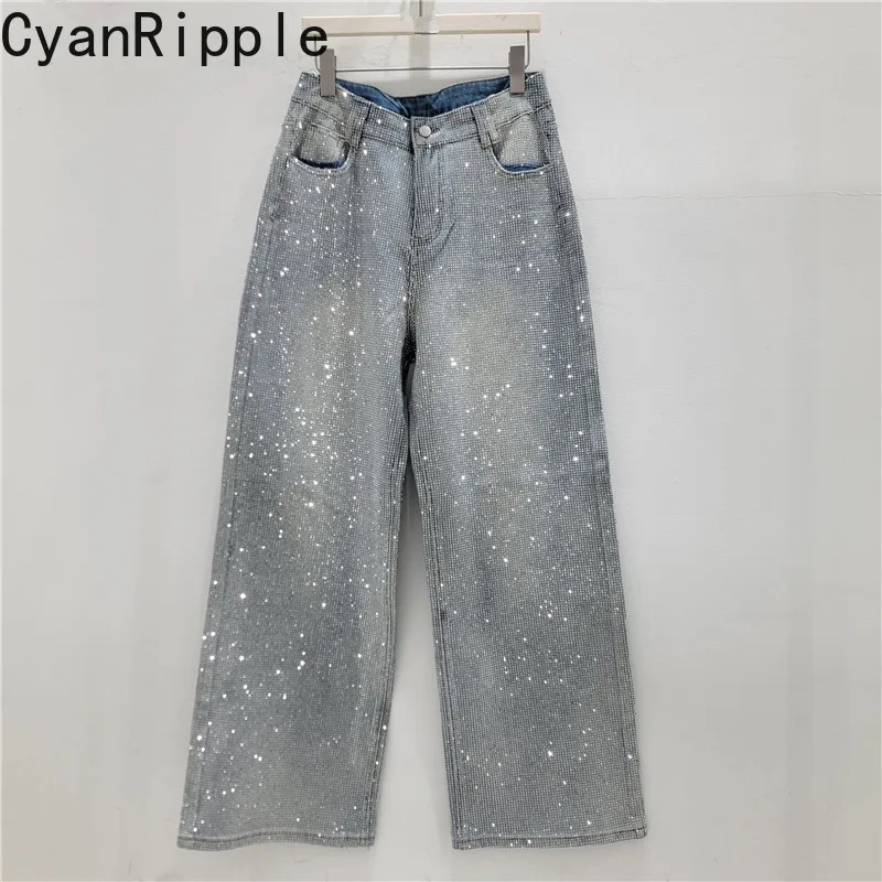 American Shiny Full Diamonds Loose Straight Jeans Women New Spring Autumn All-match High Waist Floor-length Wide Leg Denim Pants