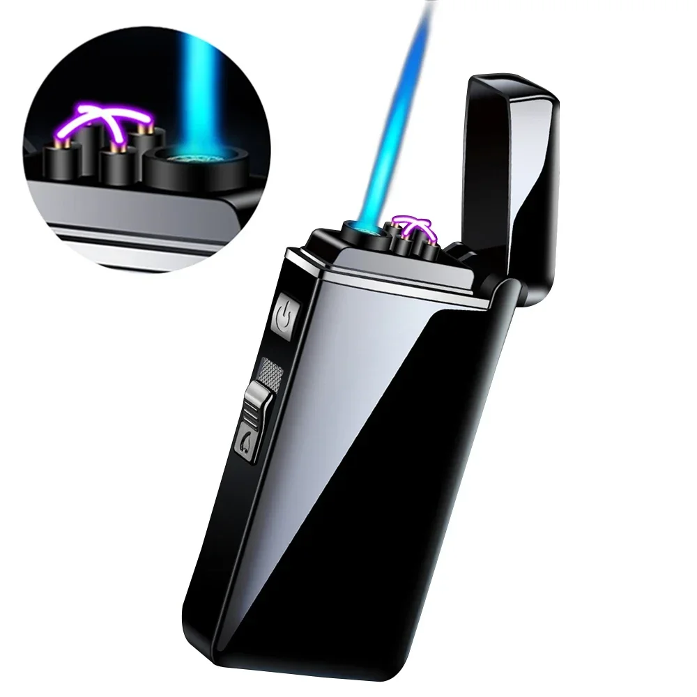 2 in 1 Dual Plasma Arc Lighter Portable Metal Jet Strong Flame Lighter USB Rechargeable Gas Electric Butane Cigar Lighter Gadget