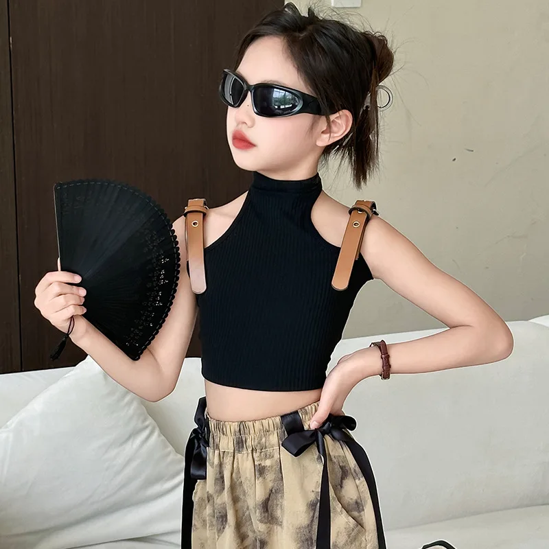 2025 summer Korean black vest hip hop streetwear open back kids crop tops 6 to 16 years teenage baby girl clothes sleeveless