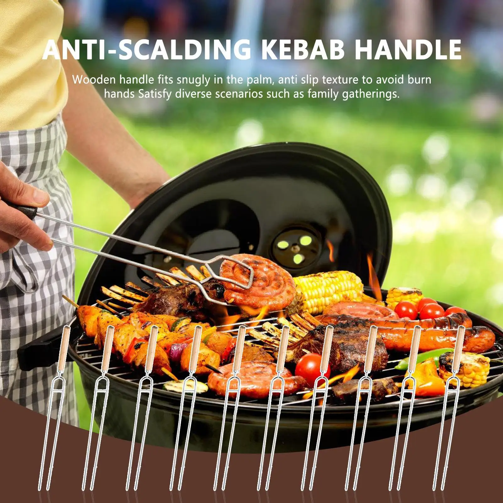 BBQ Skewers For Grilling Reusable Barbecue Skewers With Wooden Handle Long Grill Sticks Kebab Accessories Kitchen Tool For