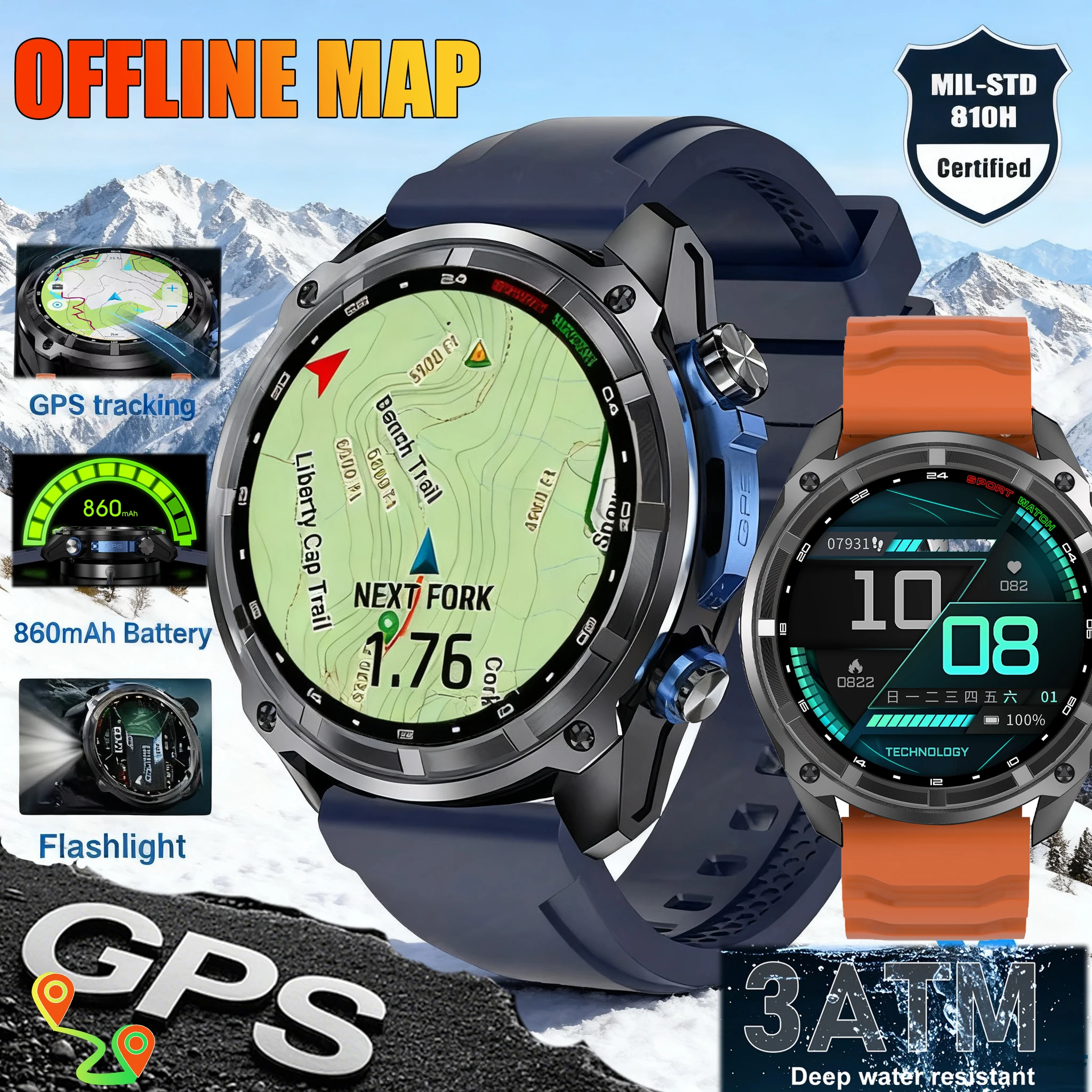 

2025 New T-Rex Tactical smartwatch Built-in GPS Offline Map 4GB Memory 5ATM IP69K Swimming Waterproof Men Militray Smart Bracele