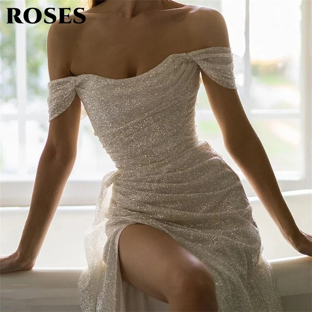 ROSES fora do ombro Marfim Prom Dress, Sequin Shiny Party Dress, Vestidos de celebridades, Vestidos de casamento populares, Bainha