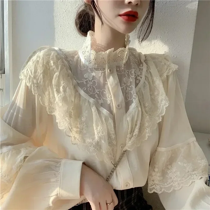 Casual Elegant Women Lace Blouse Fashion Long Sleeve Ruffled Vintage Shirt Female Korean Embroidery Loose White Shirts New 11335