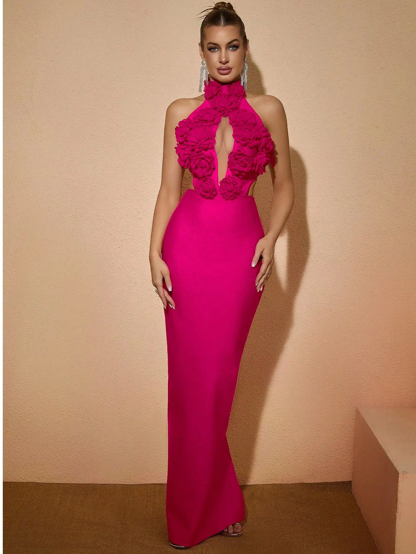 

Sexy Ele Pure Color Strapl Dr Ne Hanging Flower Par Club Evening Gown Knitted Fabric Loose Waist Long Skirt