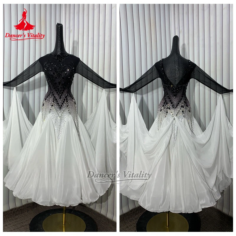 

Взрослый вальс, танго, наряд с круглым воротником для социальных танцев, с длинными рукавами и камнями AB, с V-образным вырезом, большие свободные платья по индивидуальному заказу, жизненность танцора