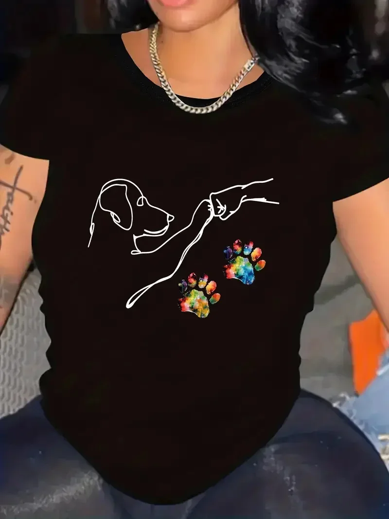 

Dog Fist Bump Funny Crew Neck Casual Short Sleeve Print Funny Designer Shirt Vintage Summer Graphic T-shirt for Women