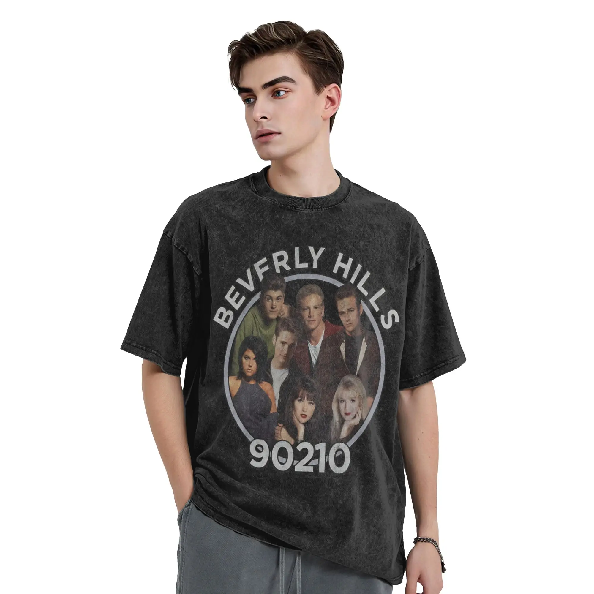Oversized Washed T Shirt Beverly Hills, 90210 Cotton T-Shirts  Hipster Tee Shirt for Men Summer Y2K Retro Print Tops