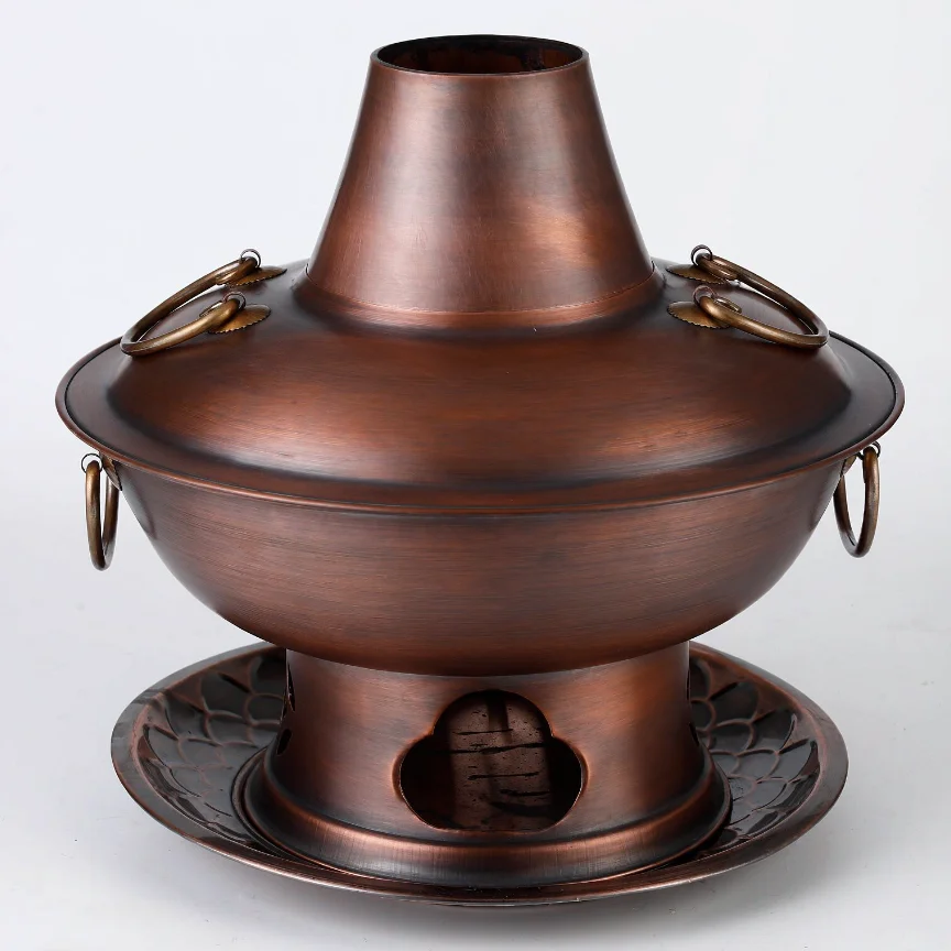 Thick Pure Copper Hot Pot Traditional Beijing Charcoal Fondue Pot Home Restaurant Lamb Shabu Cooking Stove Vintage Chinese Kitch