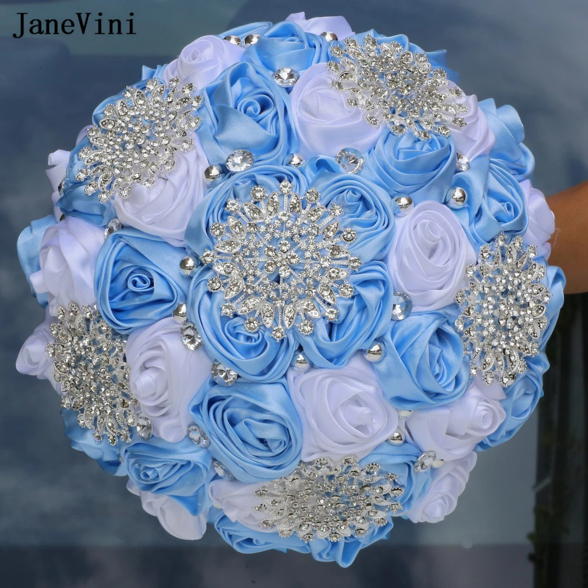 

JaneVini Charming Light Blue White Bridal Bouquets with Crystal Beaded Artificial Satin Roses Wedding Bouquet Flower for Bride