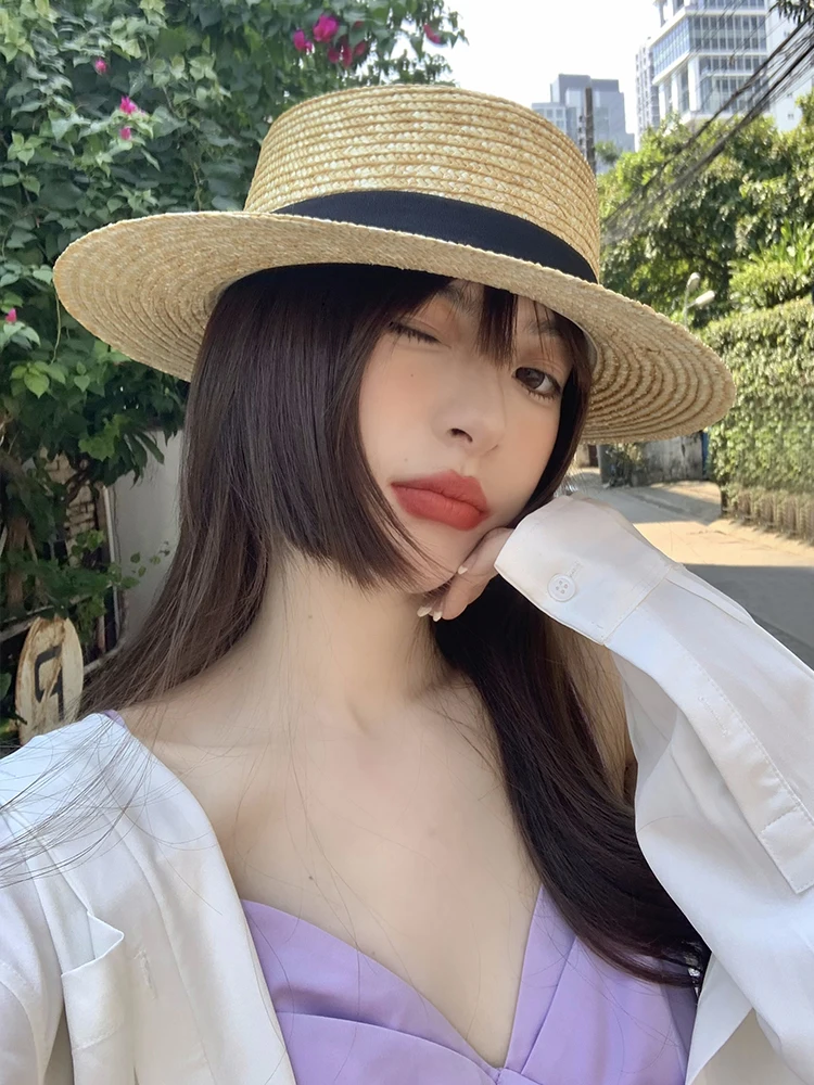 Women's Summer New Style Straw Woven Beach Hat Flat Brim Sunshade Hat Face Covering Sun Protection Hat Casual Style Large Brim