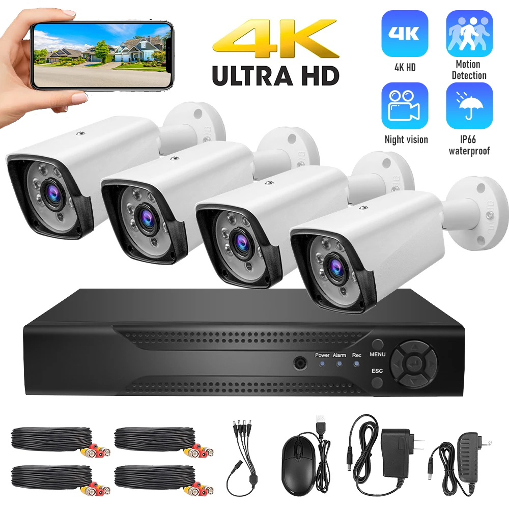 Sistema de seguridad CCTV 4K de 5MP, conjunto de cámara de vigilancia con detección de movimiento HD 1080p, visión nocturna al aire libre, Monitor impermeable