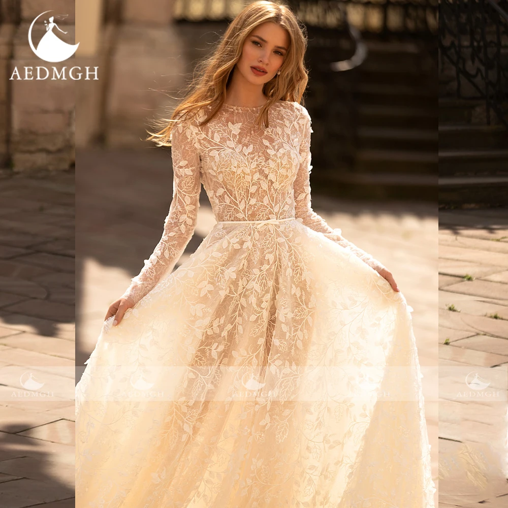 Aedmgh-Robes de mariée A-Line Boho, col rond, manches longues, appliques en dentelle, perles, paillettes, robe de patients sur mesure