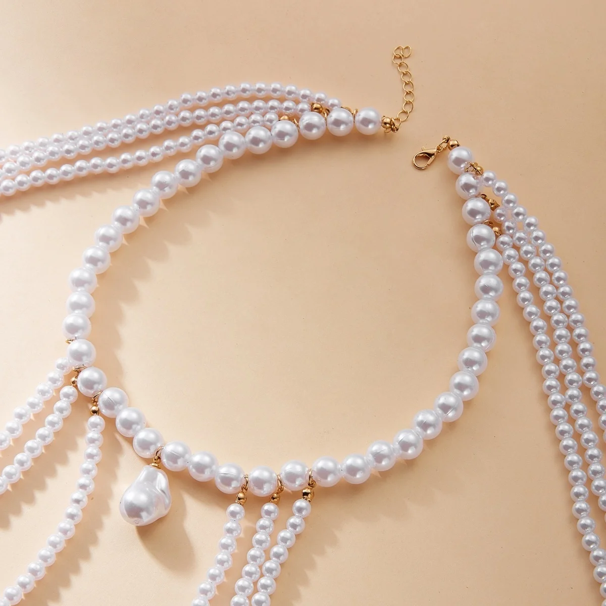 Imitationsperlen-Schulter-Choker-Halskette für Damen, elegante mehrschichtige Perlen-Quasten-Körperkette, schicker Sommer-Hochzeits-Körperschmuck – Detail 19