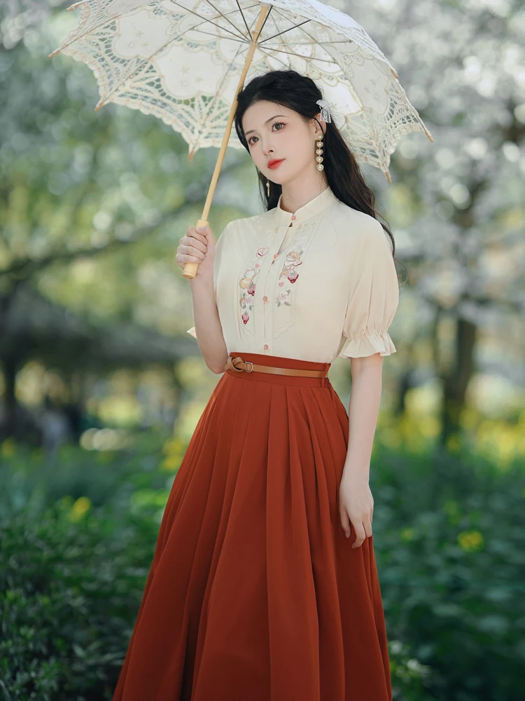 Fashion Sweet Two Piece Skirt Set Women Summer Short Sleeve Embroidery Shirt and Pleated Long Skirts Outfits