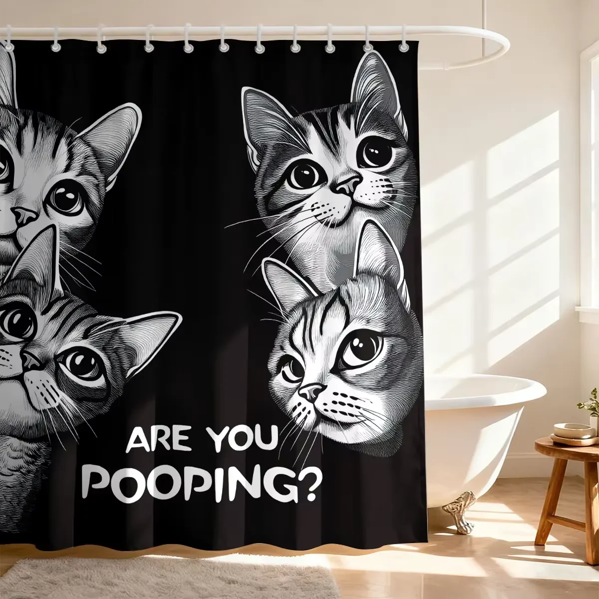 1pc Cute Cat Print Shower Curtain, with 12 Hooks, Machine Washable, for Shower Partition and Privacy Bathroom Decor Curtain