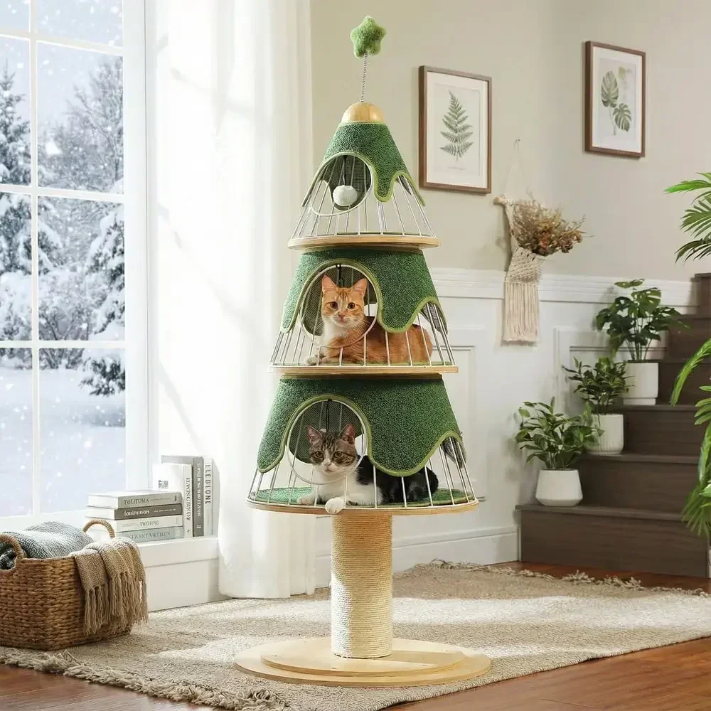 51.2 Cat Christmas Tree with Thick Scratch Post, 3-Level Wood Cat Tower - Heavy Duty Furniture with Metal Frame and Replaceable