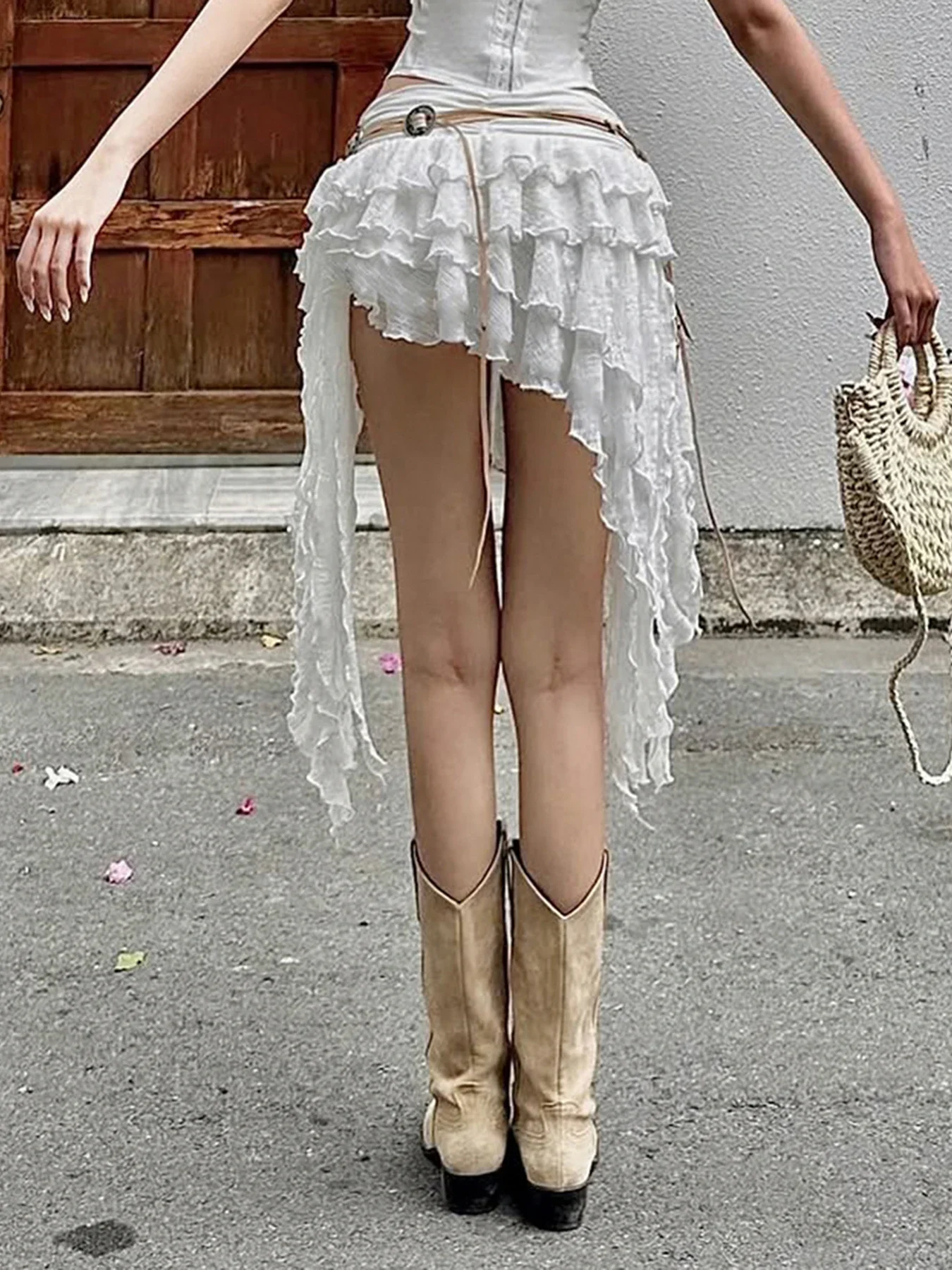 FDEY Three-Dimensional Floral Irregular Skirt Solid Fold Chic Streetwear Vacation Y2k Slim Clothes Sexy Layered Bottoms
