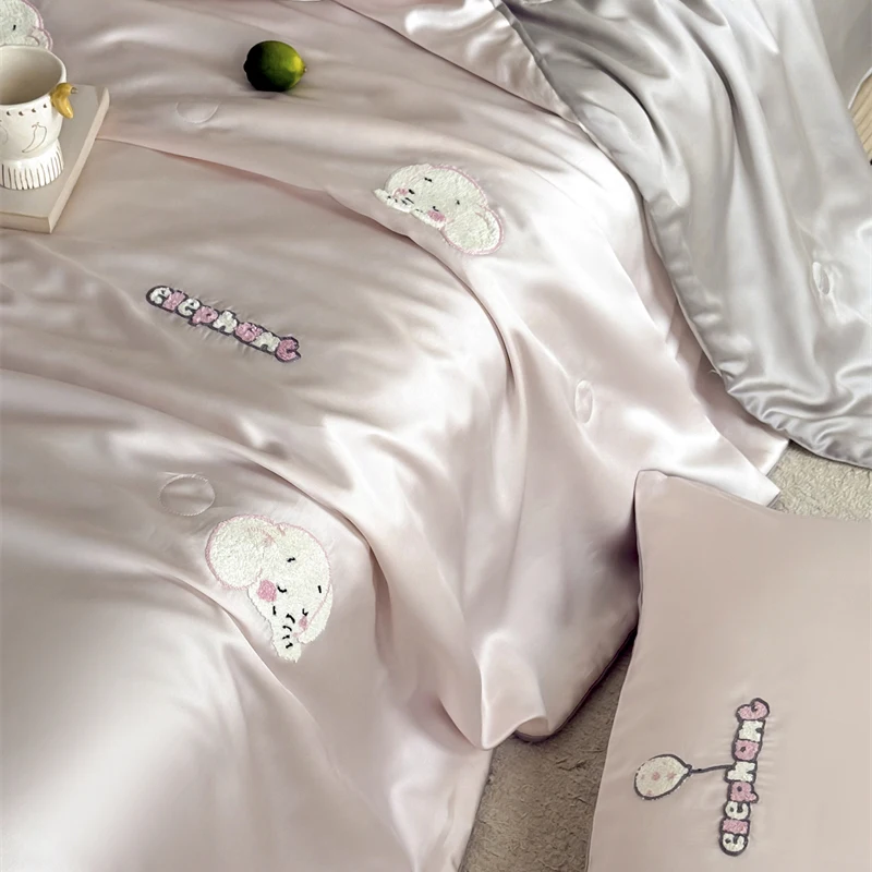 60S Lenzing Tencel Embroidered Tree Summer Cooling Quilt Set Towel Stitch AC Thin Blanket 4Pcs Bedding