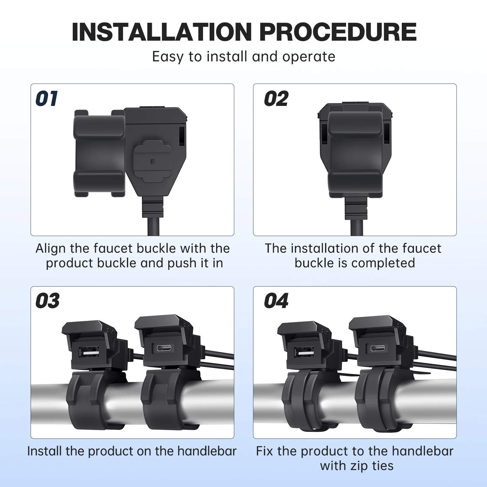 Motorcycle Charger QC3.0 2in1 USB Type c Adaptors Waterproof Handlebar Mounting Bracket Charger for Phone 12/24V On-Board Socket